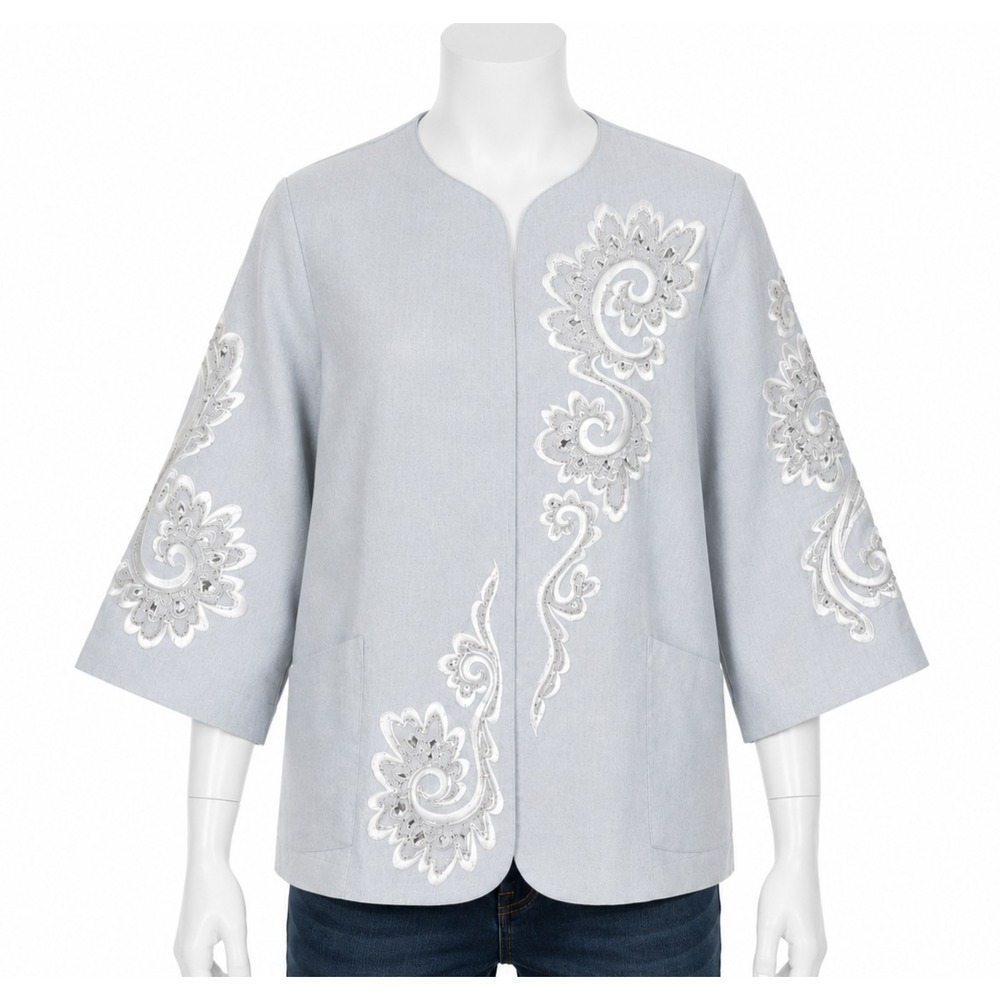 Bob Mackie Blazer Womens 18W Gray Embroidered Sequins Beaded Wearable Art Jacket